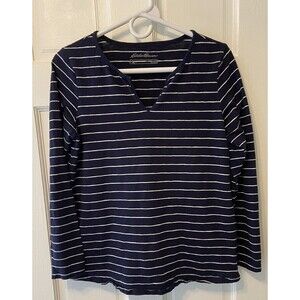 Eddie Bauer Women’s Dark Navy Blue w White Stripes Cotton LS V-Neck  M Medium